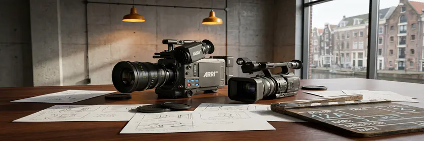 Professionele filmcamera en handcamcorder op productiedesk met storyboards en clapperboard in Amsterdams studio.
