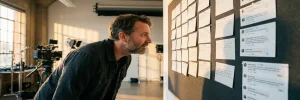 Filmmaker bestudeert reactiekaarten en sociale media-commentaren op een prikbord in een Amsterdams studio, warm amberkleurig raamlicht.
