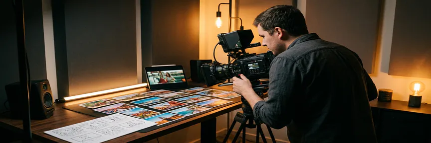 Cameraman filmt flat-lay opstelling met foto's, tablet met kleurgrading en storyboard op studiodesk, warme amber tinten.