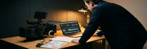 Filmmaker analyseert video-analytics op laptop naast professionele filmcamera, met shotlijsten en clapperboard op studio-bureau.