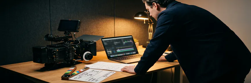 Filmmaker analyseert video-analytics op laptop naast professionele filmcamera, met shotlijsten en clapperboard op studio-bureau.