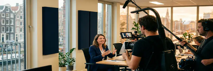 Videocrew filmt een medewerker in een modern Amsterdams kantoor met stadsgezicht, warme namiddagzon en documentaire sfeer.