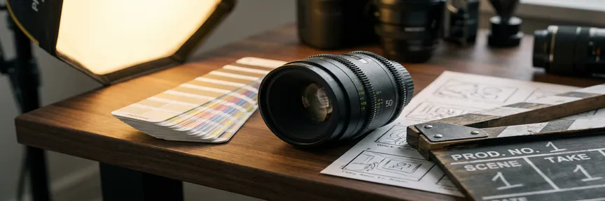 Professionele cameralens op een bureau naast kleurstalen, storyboardframes en een clapperboard in warm amberkleurig studiolicht.
