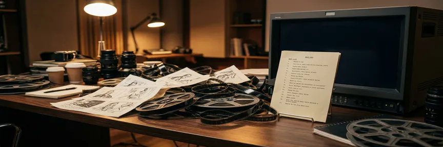 Verstrengelde filmrollen en storyboardvellen op een moderne montagedesk, met één overzichtelijke shotlist tegen een professionele monitor.