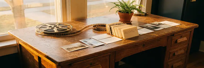 Verouderd eiken bureau met afrollende filmspoel die uitmondt in een geordende tijdlijn van contentkaarten en een kleine kamerplant, warm amberkleurig licht.