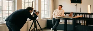 Fotograaf stelt camera op statief in modern Amsterdams kantoor, collega poseert natuurlijk aan staand bureau met warme amberverlichting.