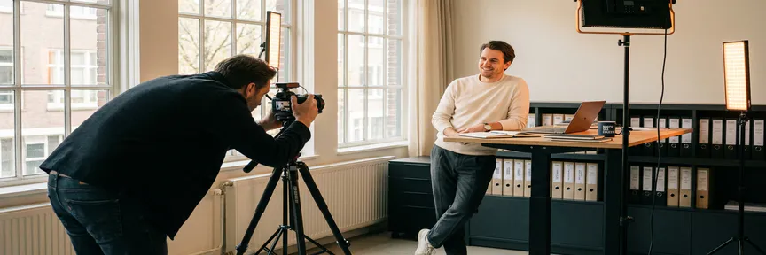 Fotograaf stelt camera op statief in modern Amsterdams kantoor, collega poseert natuurlijk aan staand bureau met warme amberverlichting.