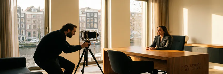 Fotograaf stelt camera op statief in bij zakelijke fotoshoot met zakenvrouw in modern Amsterdams kantoor, warm natuurlijk licht.