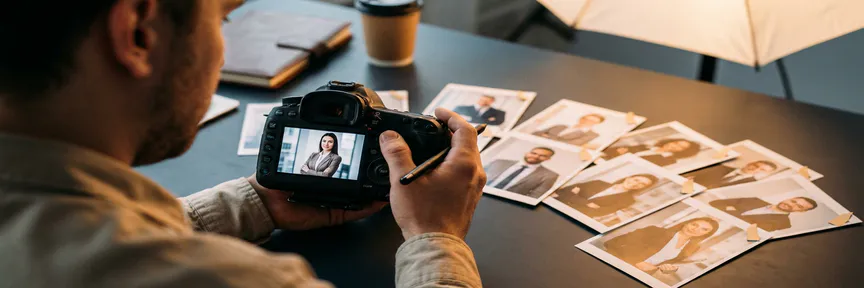 Fotograaf bekijkt zakelijke headshots op camera-lcd-scherm, omringd door uitgewaaierde portretfoto's op studiobureaus.