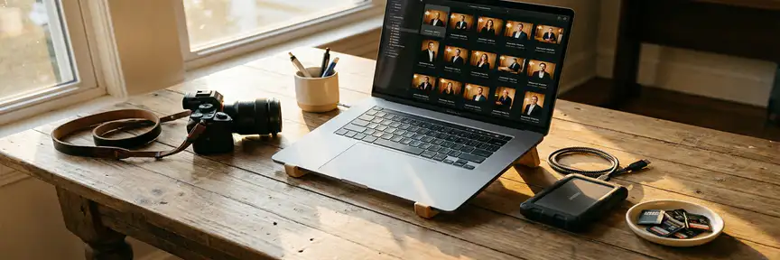 Fotografenbureau met houten bureau, externe harde schijf, SD-kaarten en laptop met zakelijke portretfoto's in gouden avondlicht.