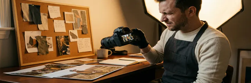 Fotograaf bekijkt merkfoto's op camera-lcd-scherm, omringd door afgedrukte foto's op studiodesk met gebrandmerkt moodboard op achtergrond.