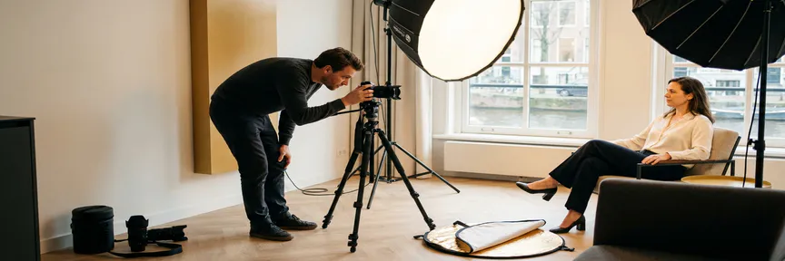 Fotograaf stelt spiegelloze camera op statief in modern Amsterdams kantoor, met studioverlichting en reflector op de vloer.