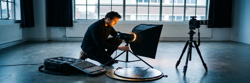 Fotograaf stelt studioflitser bij op betonvloer, omringd door cameratas, reflectorpanelen en tweede camera op statief, Amsterdam.