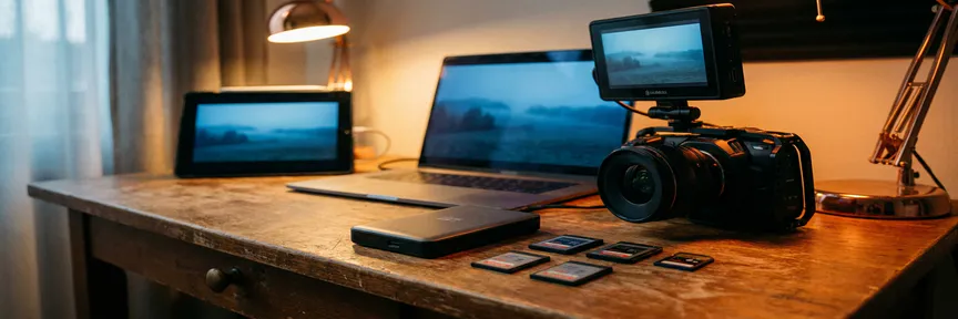 Harde schijf en geheugenkaarten op studiobureaubureau, omringd door schermen met videomateriaal en professionele camera, blauw-amber belichting.