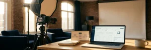 Professionele camera en studioverlichting naast laptop met contentdashboard, HR-notities en organigram in Amsterdams studio-interieur.