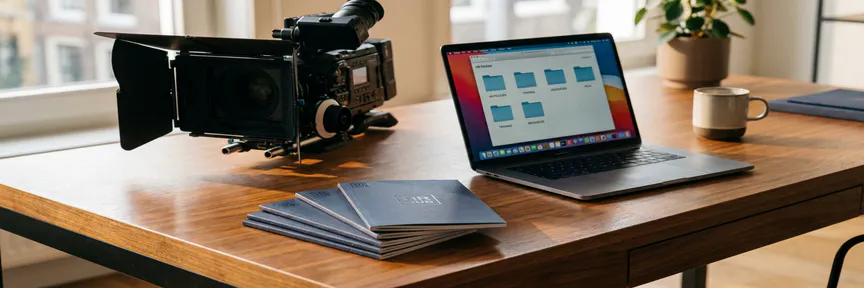 Professionele videocamera en laptop met georganiseerde mappen op houten bureau, omringd door corporate brochures in warm amber en marineblauw licht.
