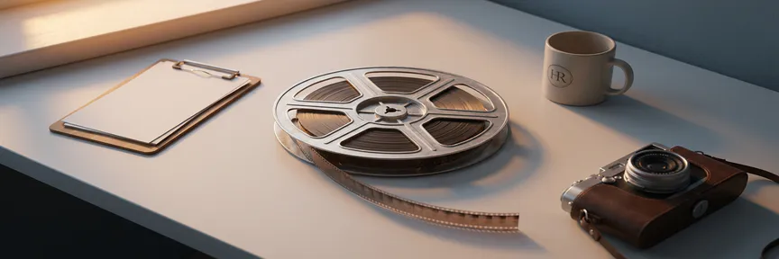 Filmspoel die zich ontvouwt vanaf een zilveren hub op een modern bureau, omringd door HR-attributen zoals klembord, mok en camera in warme amber- en leisteentinten.