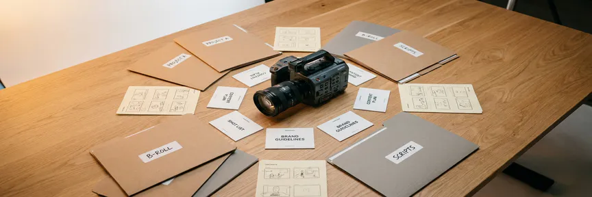 Gelabelde mappen en storyboardvellen uitgewaaierd rond een professionele videocamera op een lichthouten bureau.