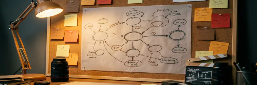 Handgetekende contentmap op transparantpapier, omringd door gekleurde sticky notes, cameralens en clapperboard, verlicht door warm amberkleurig bureaulamp.