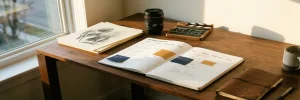 Opengeslagen contentkalender op modern bureau naast cameralens, storyboardschetsen en clapperboard in warm gouden licht.