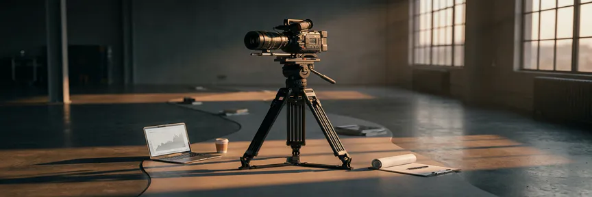Professionele videocamera op statief langs een klantreispad met laptop, koffiekop en contract op betonnen vloer, gouden zijlicht.
