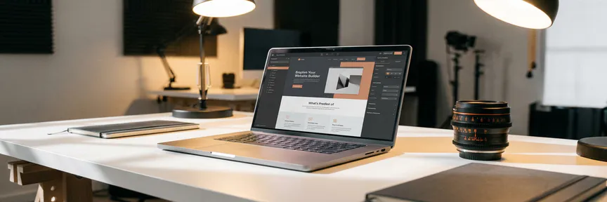 Laptop met websitebouwer-interface op wit productiebureau naast professionele cameralens, warm studiolight, ondiepe scherptediepte.