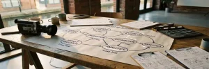 Gedetailleerde marketingroadmap op papier aan een Amsterdams bureau met videocamera, storyboardschetsen en clapperboard in warm goudkleurig licht.