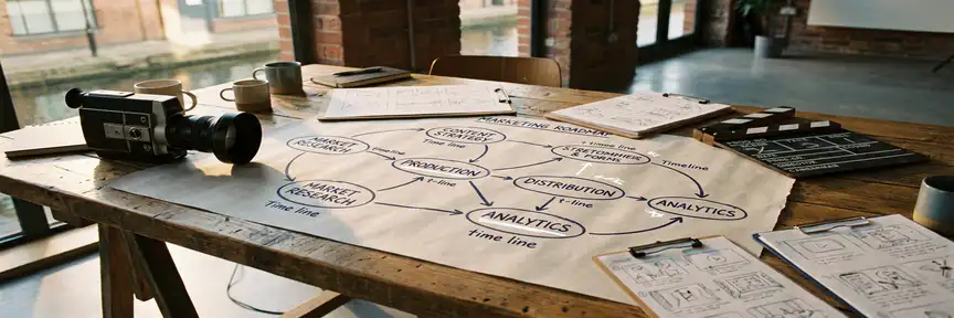 Gedetailleerde marketingroadmap op papier aan een Amsterdams bureau met videocamera, storyboardschetsen en clapperboard in warm goudkleurig licht.