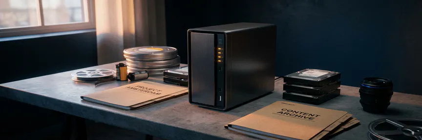 Mediaserver tower omringd door georganiseerde harde schijven, filmrollen en contentmappen op een betonnen bureau in een Amsterdams creatief studio.