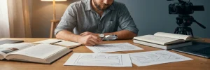 Creatief professional vergelijkt opengeslagen boeken en website-wireframes op een moderne bureau, bioscoopca­mera op de achtergrond.