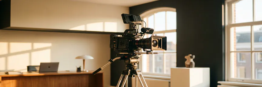 Professionele videocamera op statief in een licht Amsterdams studio met cinematische gouden belichting en zakelijke achtergrond.
