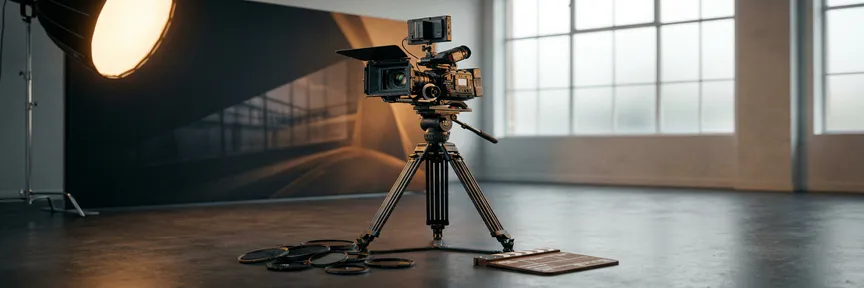 Professionele videocamera op statief in moderne Amsterdamse studio met warm licht, branded achtergrond en clapperboard op betonnen vloer.