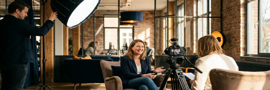 Zelfverzekerde professional tijdens video-opname in modern Amsterdams kantoor met softbox verlichting, warm gouden licht en blootgestelde bakstenen muren.