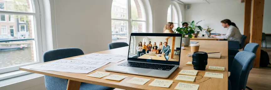 Recruitmentvideo op laptopscherm in licht Amsterdam kantoor, omringd door storyboards, cameralens en gele sticky notes.