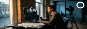 Videodirecteur bekijkt auditiebeelden op professionele monitor in Amsterdams filmstudio, storyboards en ringlicht op achtergrond.