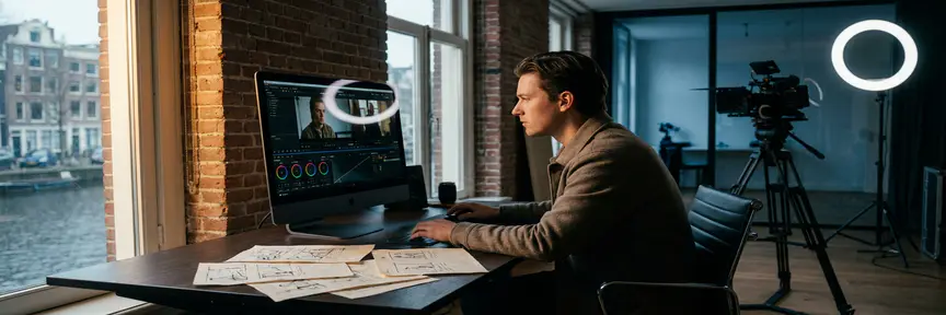 Videodirecteur bekijkt auditiebeelden op professionele monitor in Amsterdams filmstudio, storyboards en ringlicht op achtergrond.