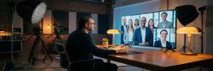 Videodirecteur bekijkt recruitmentcampagnebeelden op professionele monitor in Amsterdams filmstudio met softboxen en cameramateriaal op de achtergrond.