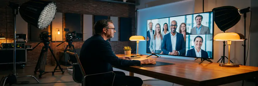 Videodirecteur bekijkt recruitmentcampagnebeelden op professionele monitor in Amsterdams filmstudio met softboxen en cameramateriaal op de achtergrond.