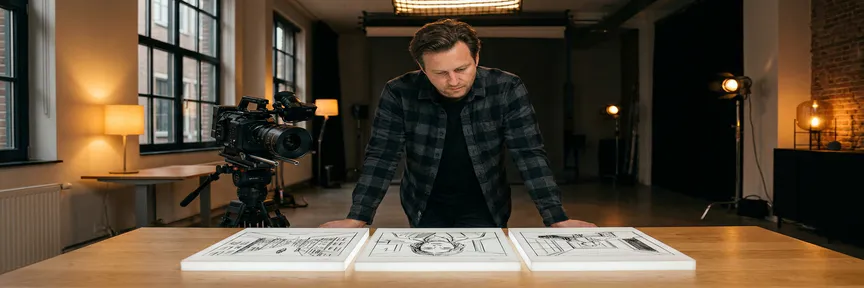 Videodirecteur bekijkt drie storyboardpanelen op een lichte eikenhouten bureautafel met een filmcamera in een Amsterdams creatief studio.