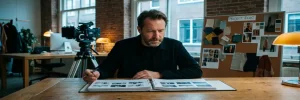 Videodirecteur vergelijkt twee storyboards op een eikenhouten montagetafel in een Amsterdams creatief studio, bioscoopcamera op achtergrond.