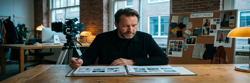 Videodirecteur vergelijkt twee storyboards op een eikenhouten montagetafel in een Amsterdams creatief studio, bioscoopcamera op achtergrond.