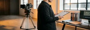 Videodirecteur bekijkt opnamescript op klembord in Amsterdams studio met bioscoopkamera op statief en warm amberkleurig licht.