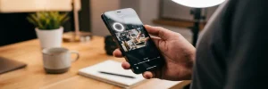 Smartphone verticaal vastgehouden boven een Amsterdams studiobureaus, scherm verlicht met een bevroren korte videoclip, ringlight zacht gereflecteerd.