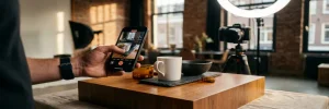 Videograaf filmt productopstelling met smartphone in modern Amsterdams studio, professionele camera en ringlicht zichtbaar op achtergrond.