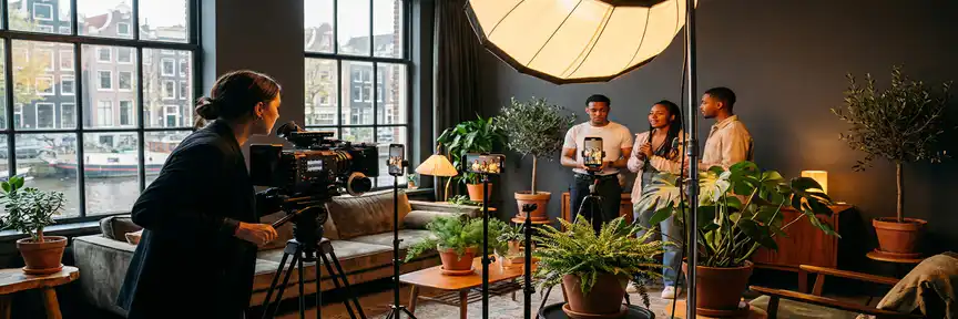 Cameraman filmt social media content in Amsterdams studio met bioscoopcamera, smartphones, warme belichting en groene planten.