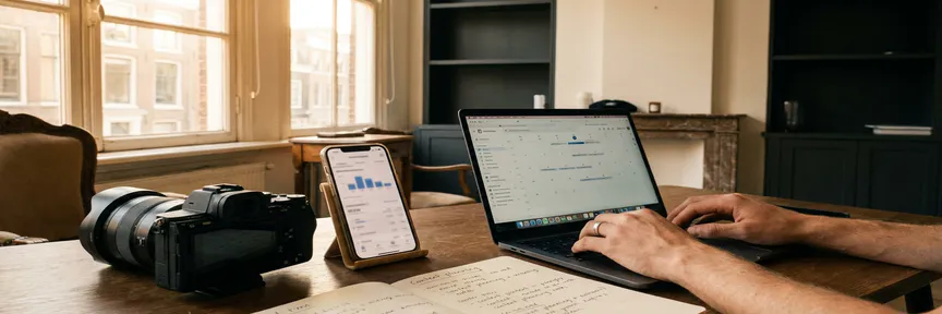 Socialmediamanager werkt aan bureau met camera, smartphone met analysegrafieken en contentplanning in warm Amsterdams studiolicht.