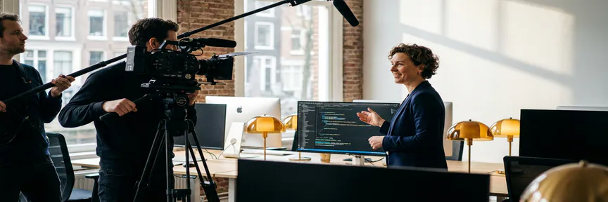 Videoproductieteam filmt een softwareontwikkelaar in een modern Amsterdams kantoor met monitors en technische apparatuur op de achtergrond.