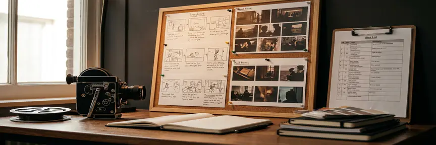 Filmstoryboard op kurkbord naast videocamera en shotlist op Amsterdams studiobureaubureau, warme amber- en houtskoolkleuren.