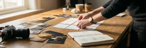 Creatief directeur ordent storyboardgrid op eiken bureau met camera, filmstills en schetsboek in warm amberkleurig studiolicht.
