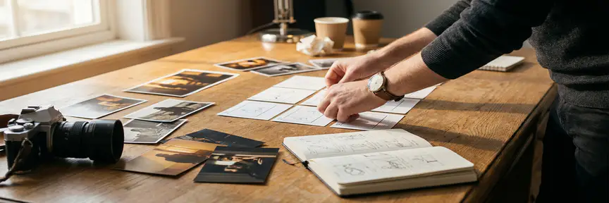 Creatief directeur ordent storyboardgrid op eiken bureau met camera, filmstills en schetsboek in warm amberkleurig studiolicht.